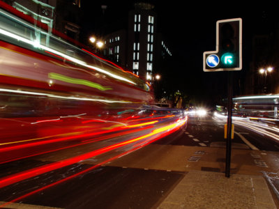 Lights stretched out through time - The Strand at night, London